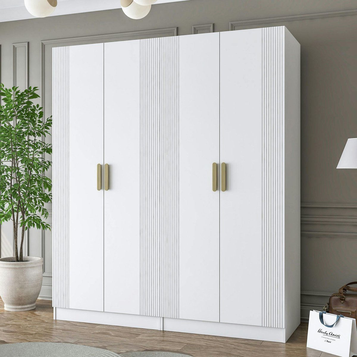 Armoire penderie blanche rainurée 4 portes 2 tringles BYRON blanc, PIER IMPORT