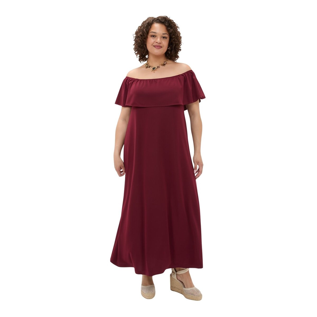 Robe longue Chill à épaules dénudées avec volants burgundy, FIORELLA RUBINO