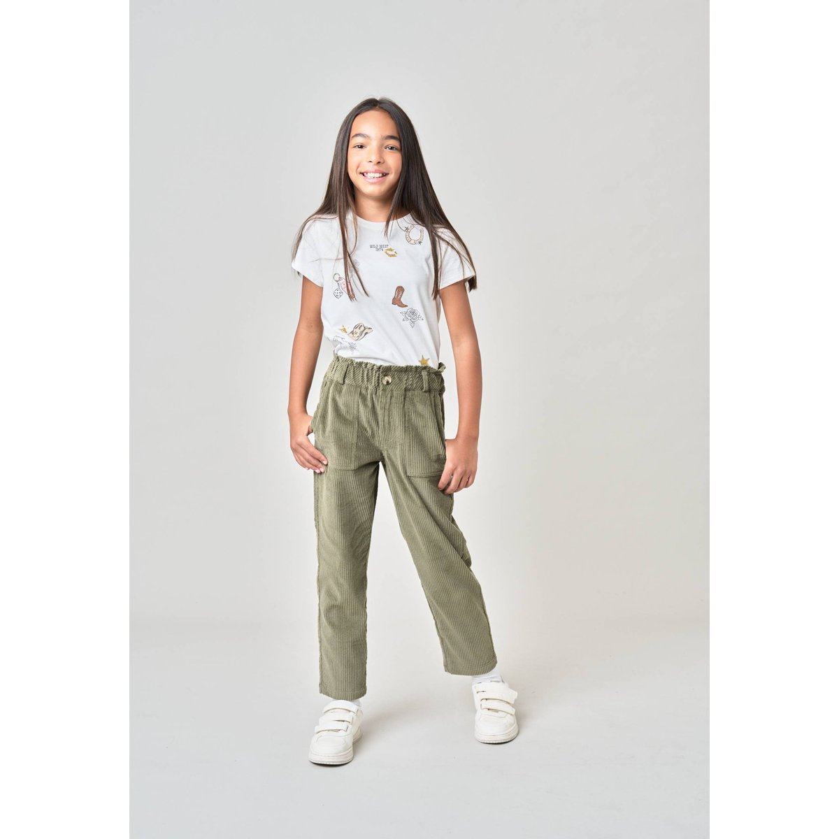 Pantalon carotte fille en 100% coton velours côtelé WENDELI dark khaki, DEELUXE