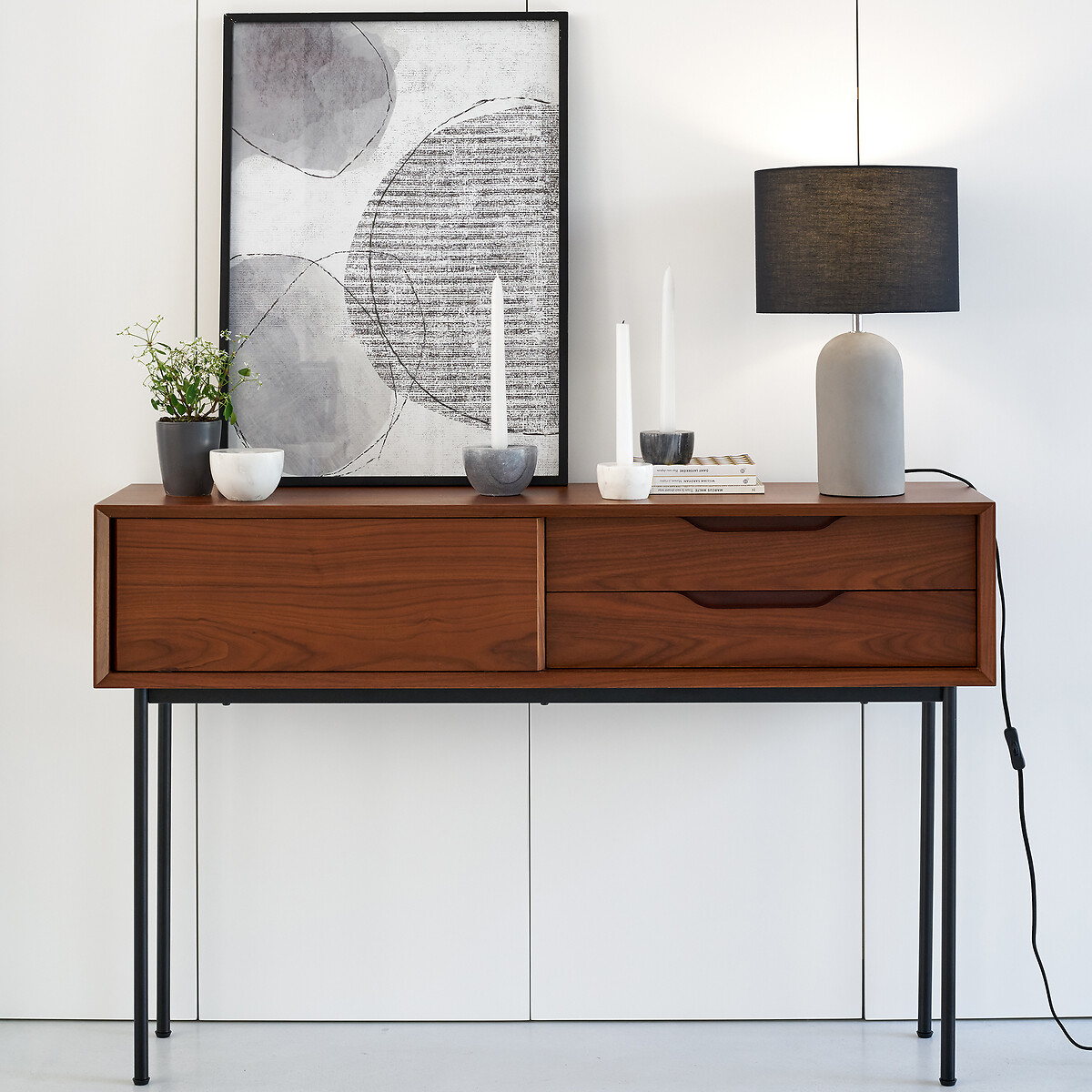Console 1 porte, 2 tiroirs, en plaqué noyer, NOYETO noir/teinté noyer, LA REDOUTE INTERIEURS