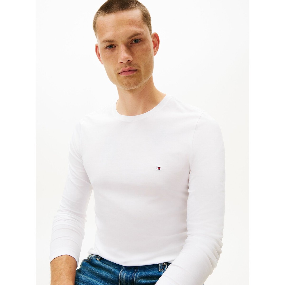 Slim Fit Stretch T-Shirt with Long Sleeves white, TOMMY HILFIGER