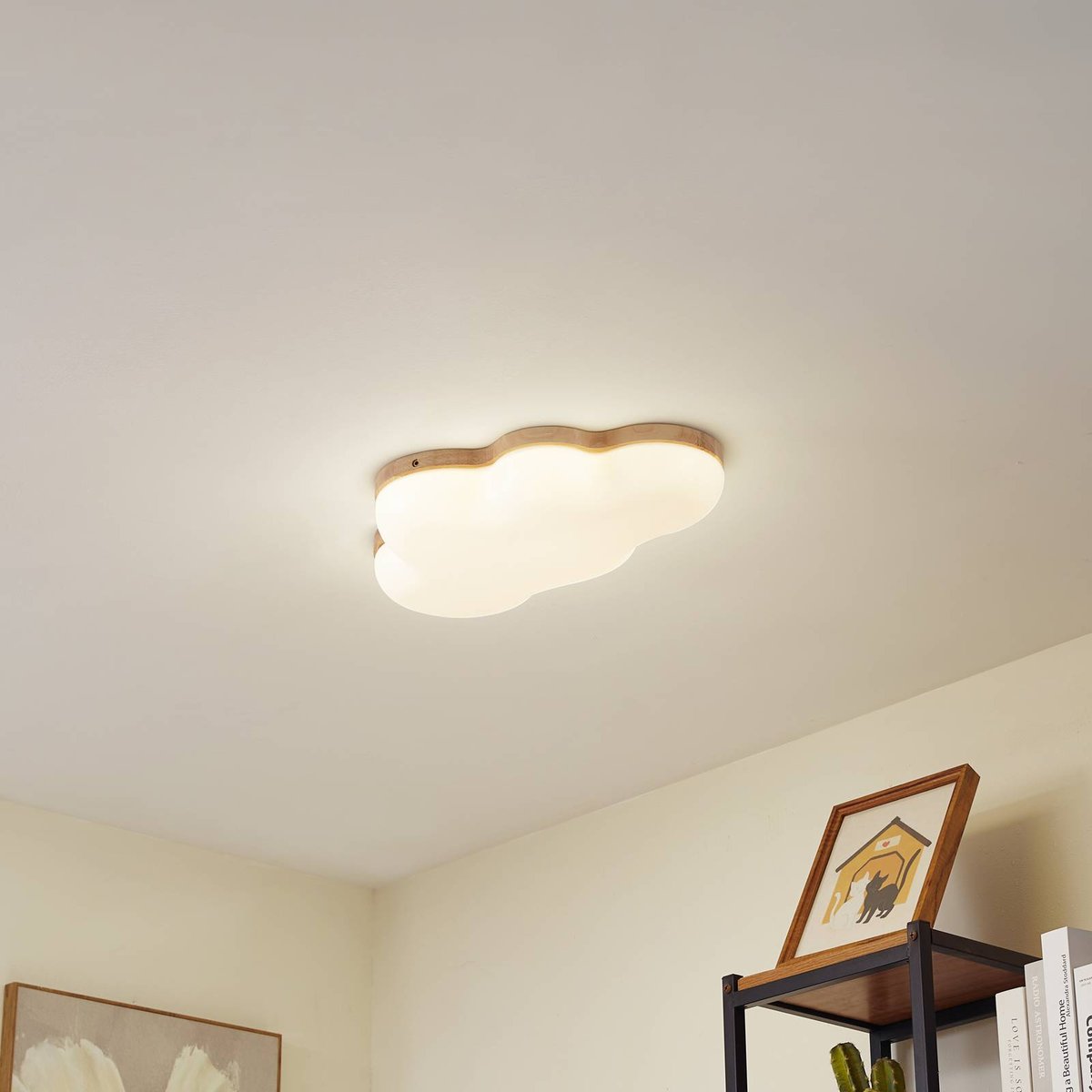 Plafonnier moderneLED, Pilvi blanc, bois clair, LINDBY