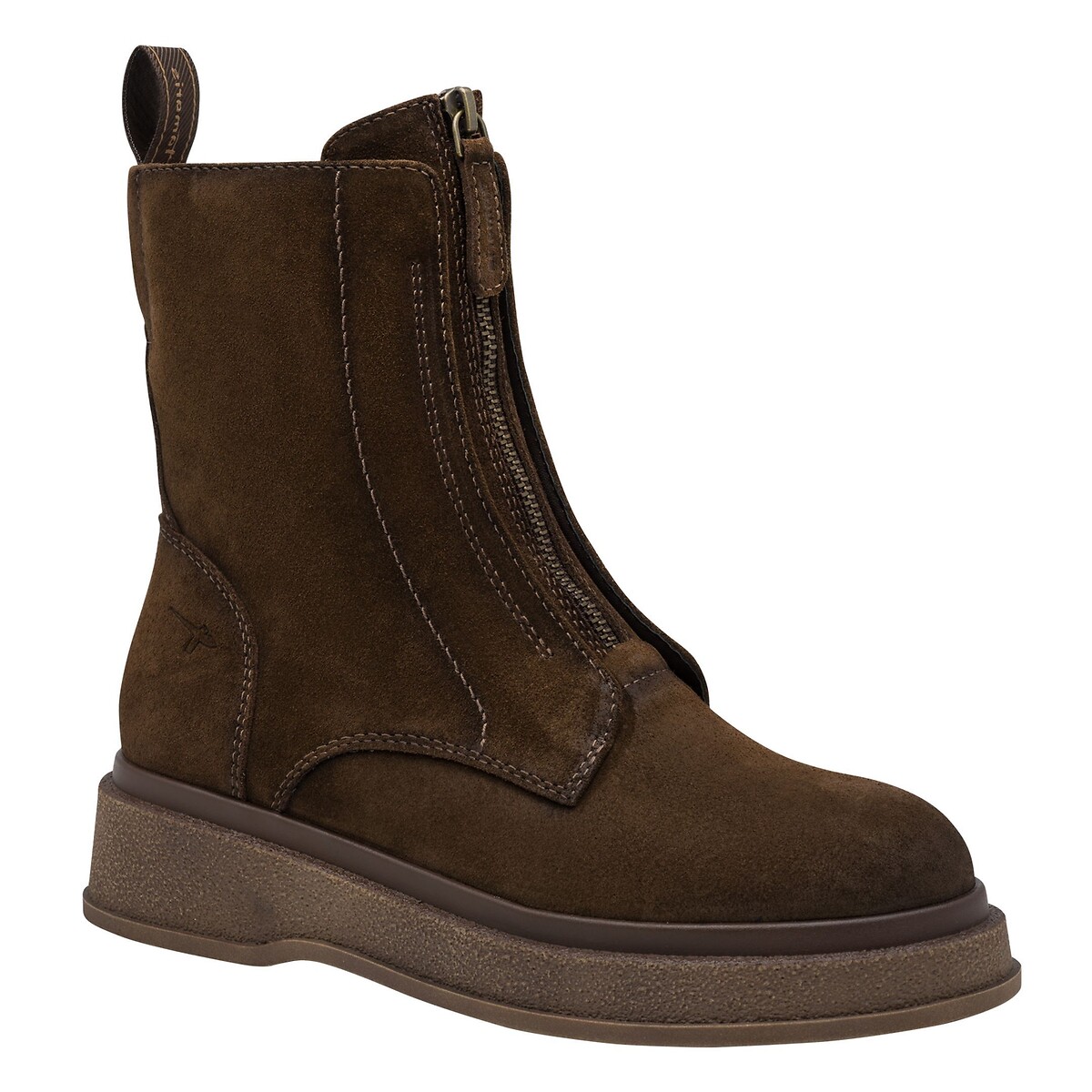 Boots plates, zippées, en cuir suède marron, TAMARIS