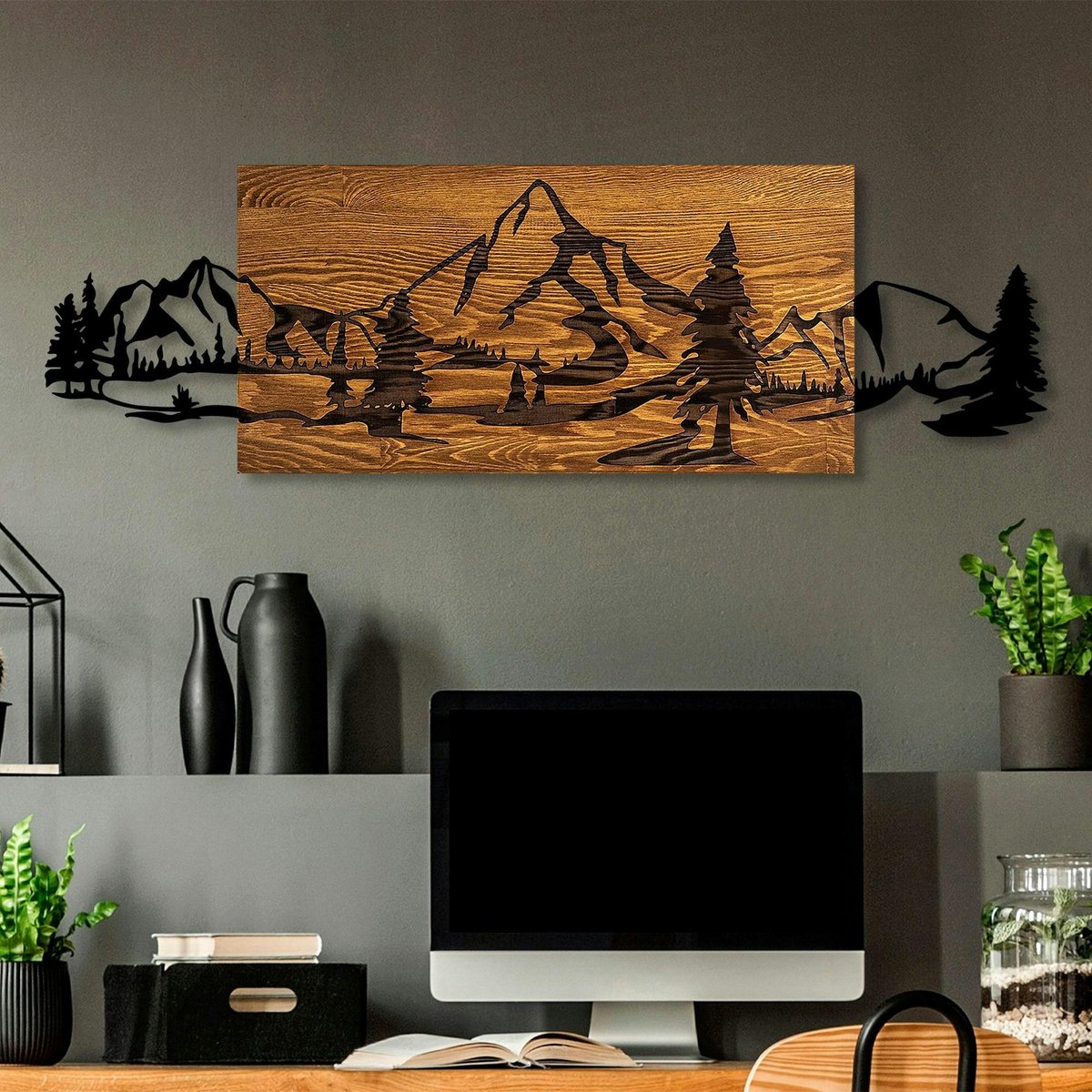 Décoration murale en métal et bois – paysage de montagne noir, PIER IMPORT