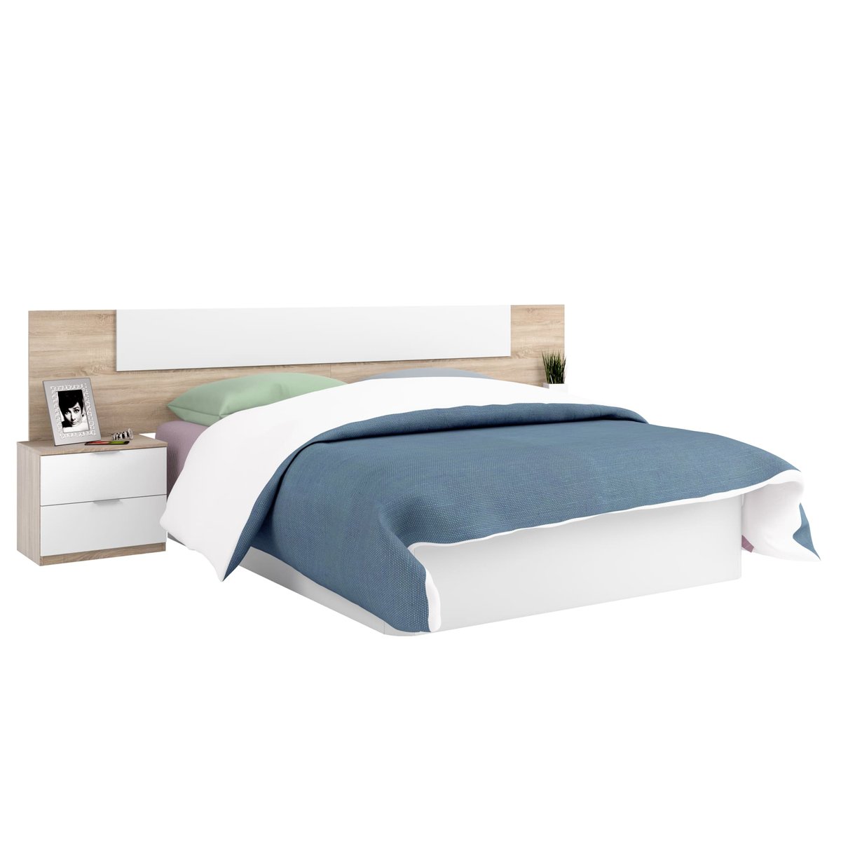 Tête de lit avec 2 chevets amovibles 2 tiroirs blanc, TERRE DE NUIT