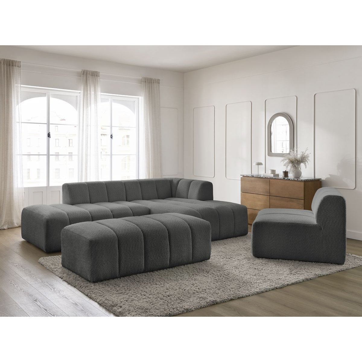 Canapé modulable 5 places en tissu bouclette, ANNECY gris foncé, BOBOCHIC