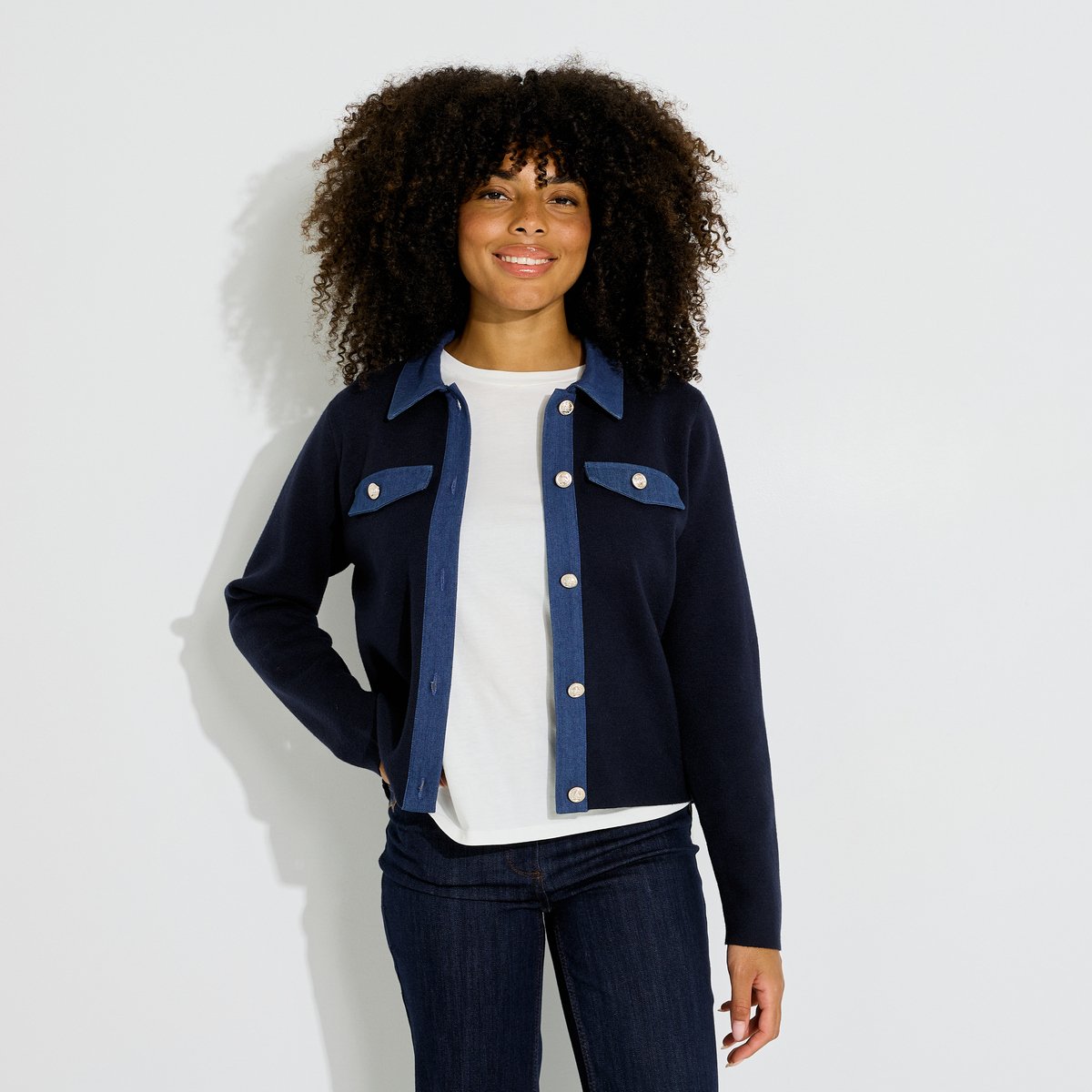 Gilet détail denim col chemise bleu marine, GRAIN DE MALICE