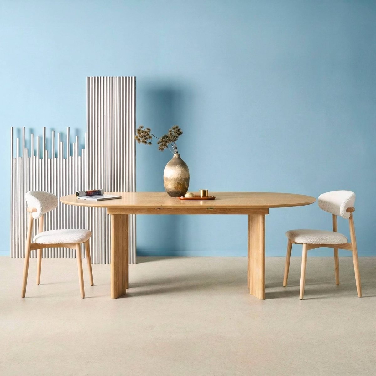 Table à manger oblongue extensible bois d'hévéa et placage chêne 6-8 places ALBANE naturel, SWEEEK