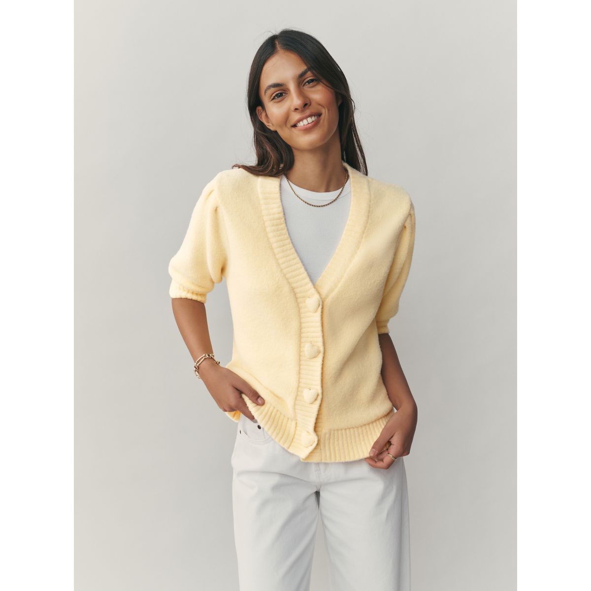 Cardigan à boutons cœurs et manches courtes jaune, NEXT
