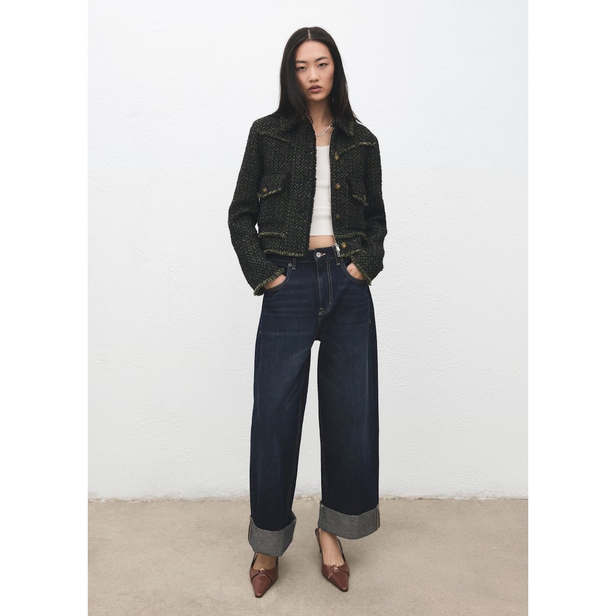 Veste tweed col à revers vert, MANGO