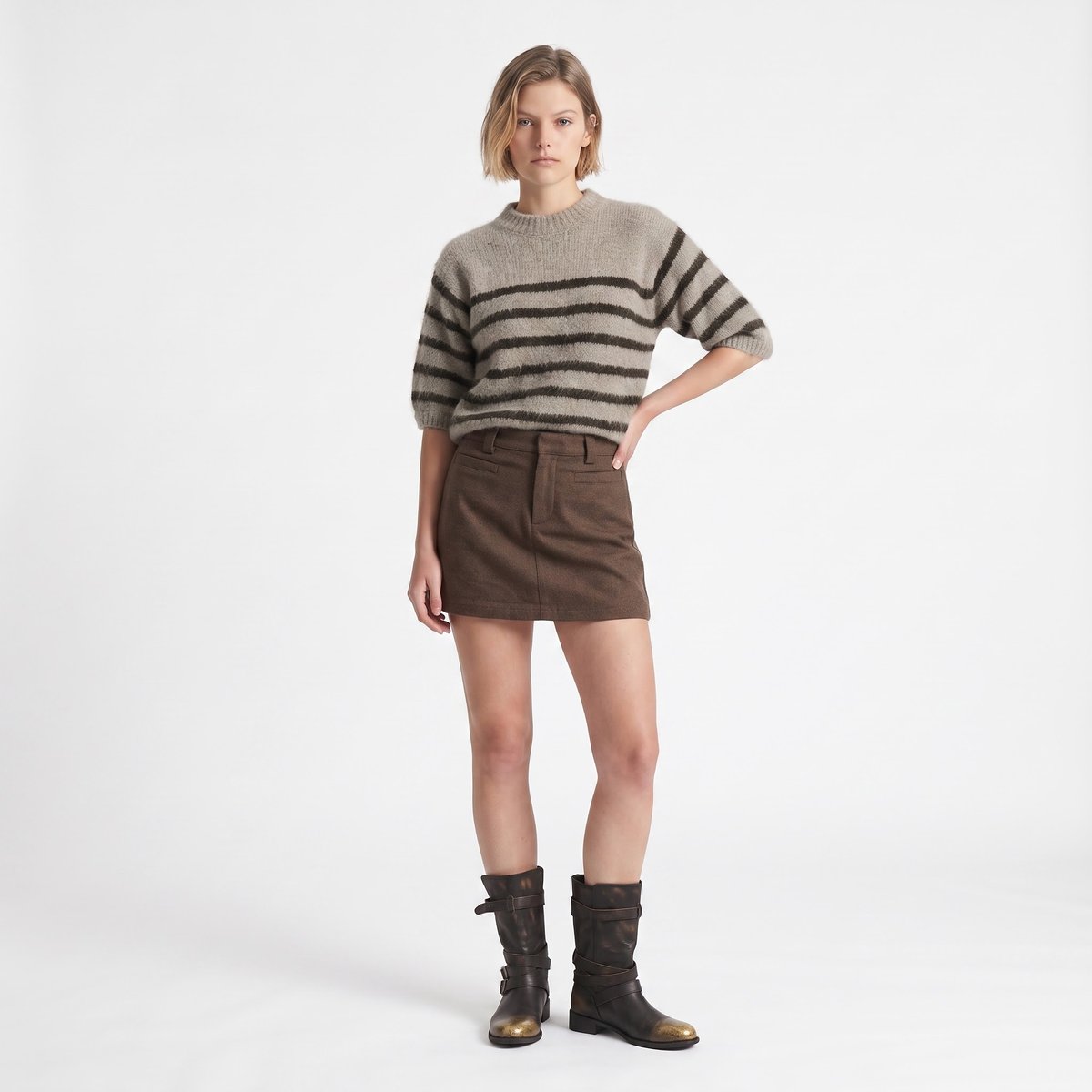 Jupe droite femme courte à taille haute CLERIE brown, ARTLOVE