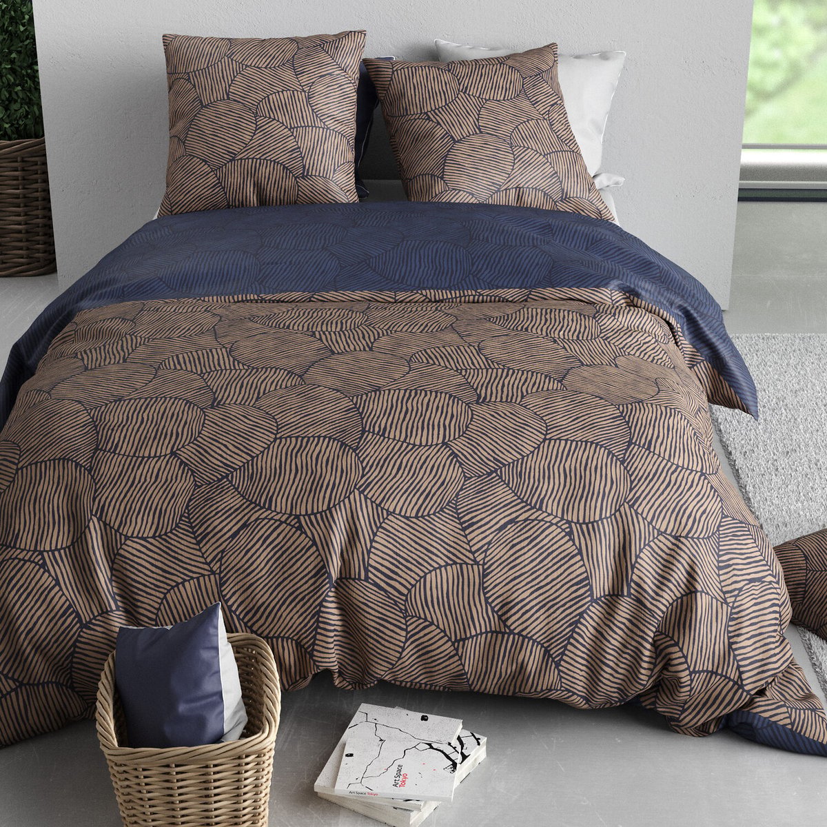 Parure housse de couette en coton imprimée, Ninon bleu, C DESIGN HOME TEXTILE