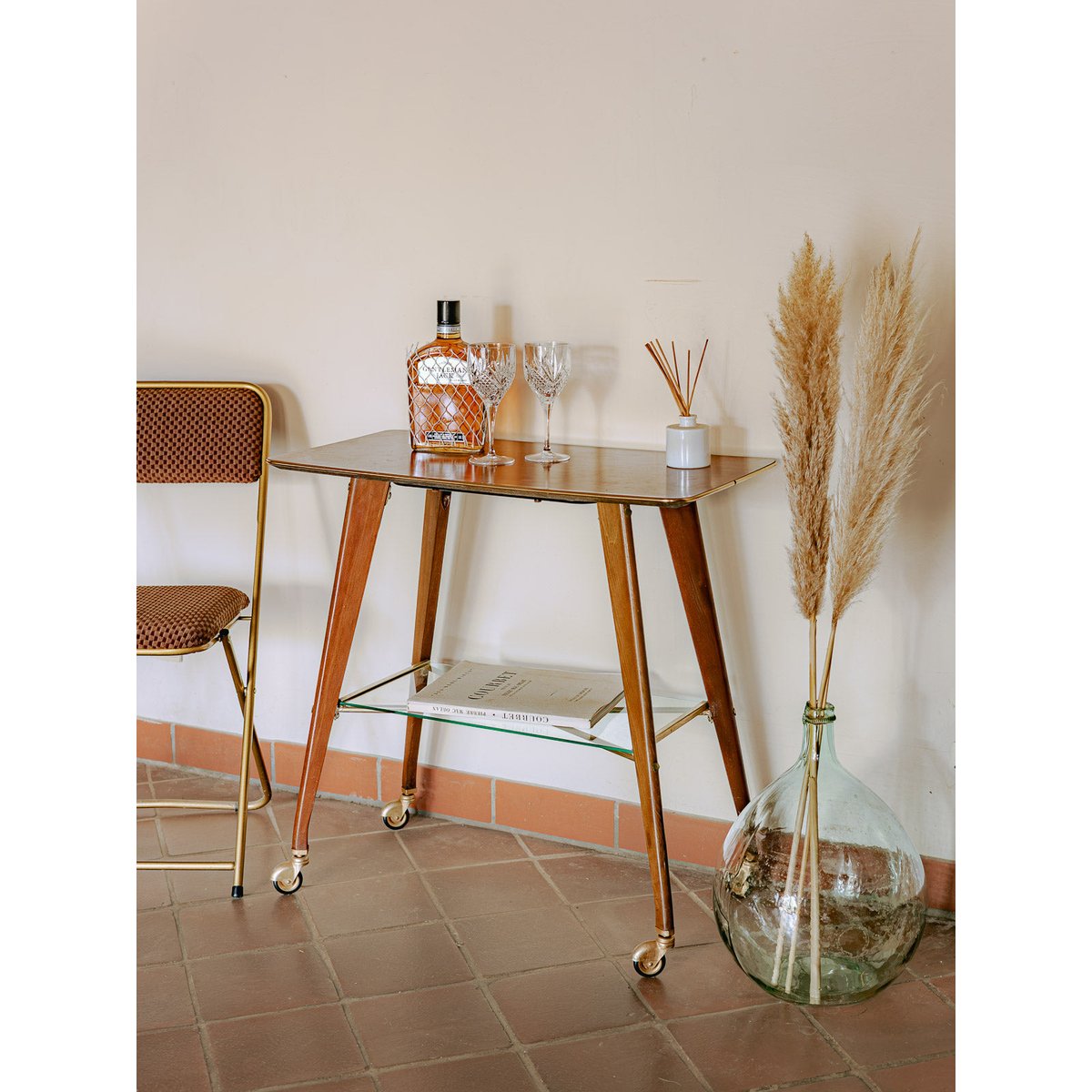 Desserte à roulettes en bois et verre mid-century Anouk N°359 - Bon état bois clair, DEBONGOUT