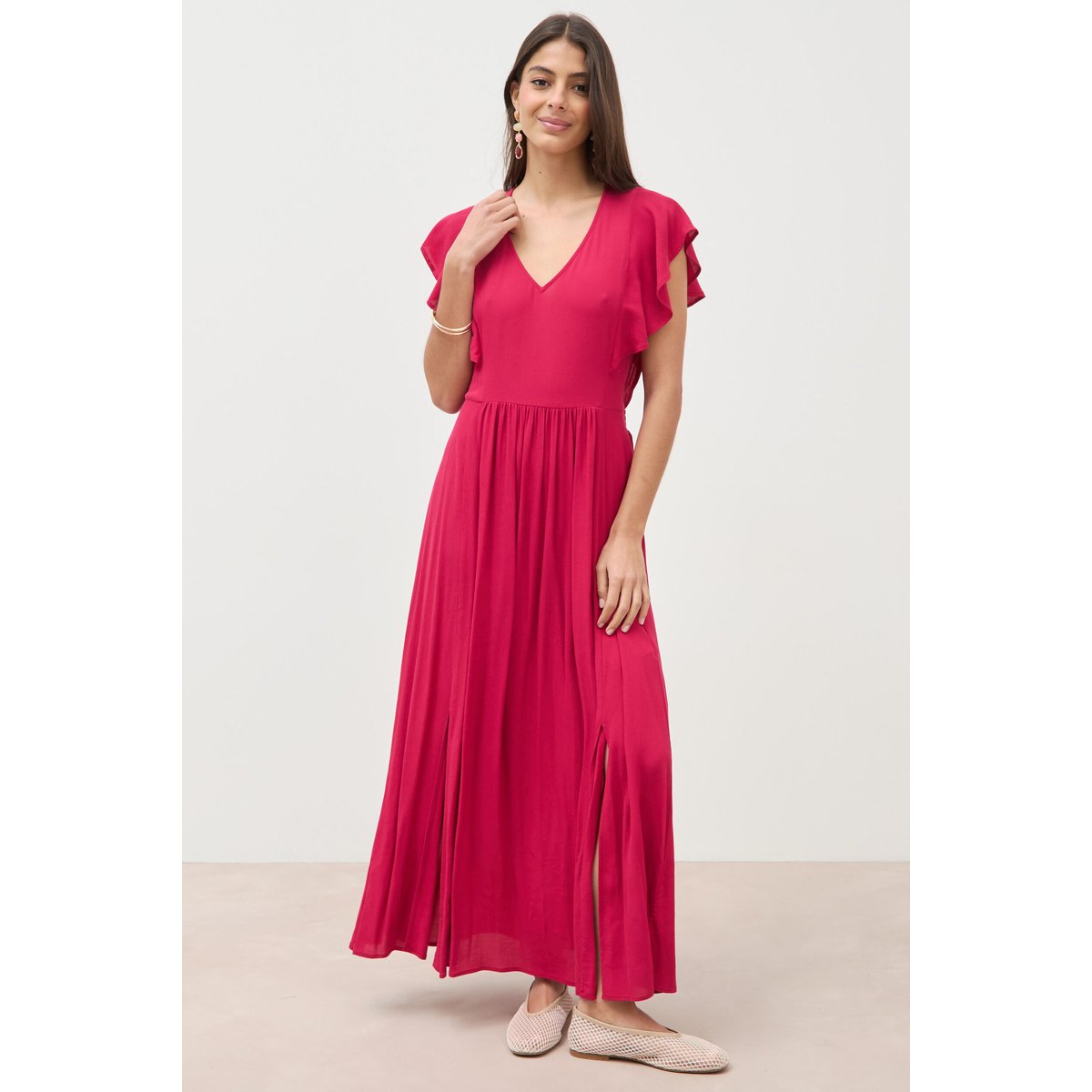Robe fluide col v manches courtes rouge clair, BONOBO