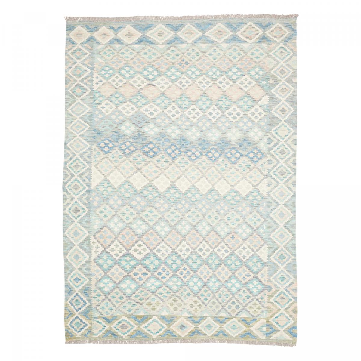 Tapis d'orient géométrique, tissé plat en laine, KILIM 20 bleu, beige, blanc, UN AMOUR DE TAPIS