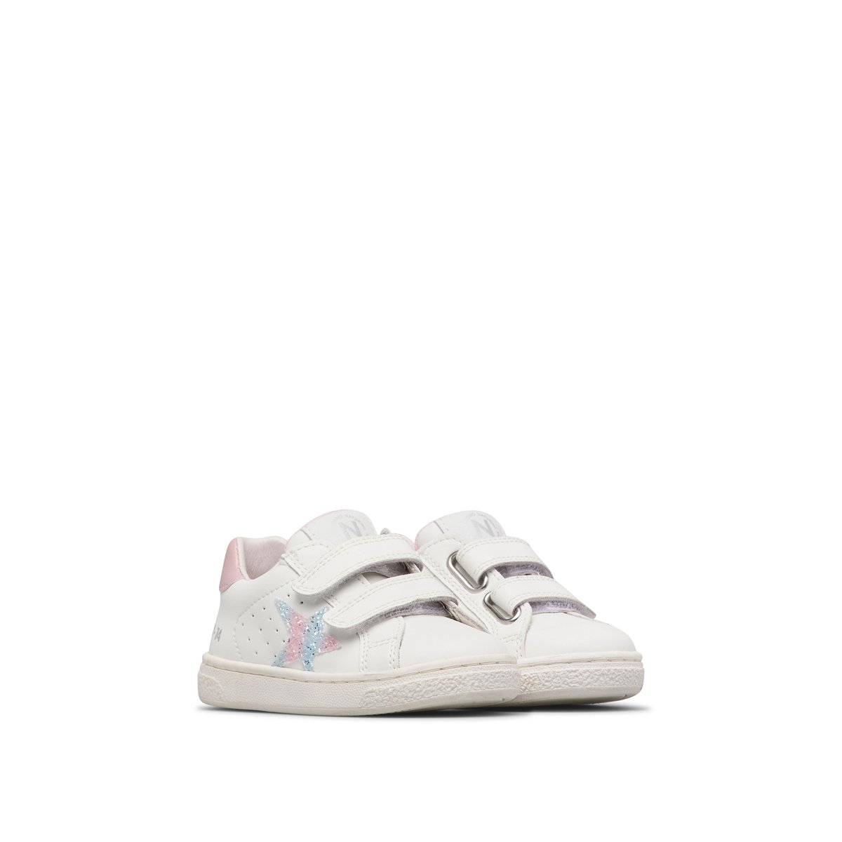 Sneakers en cuir et tissu pailleté PINN VL. blanc-rose, NATURINO