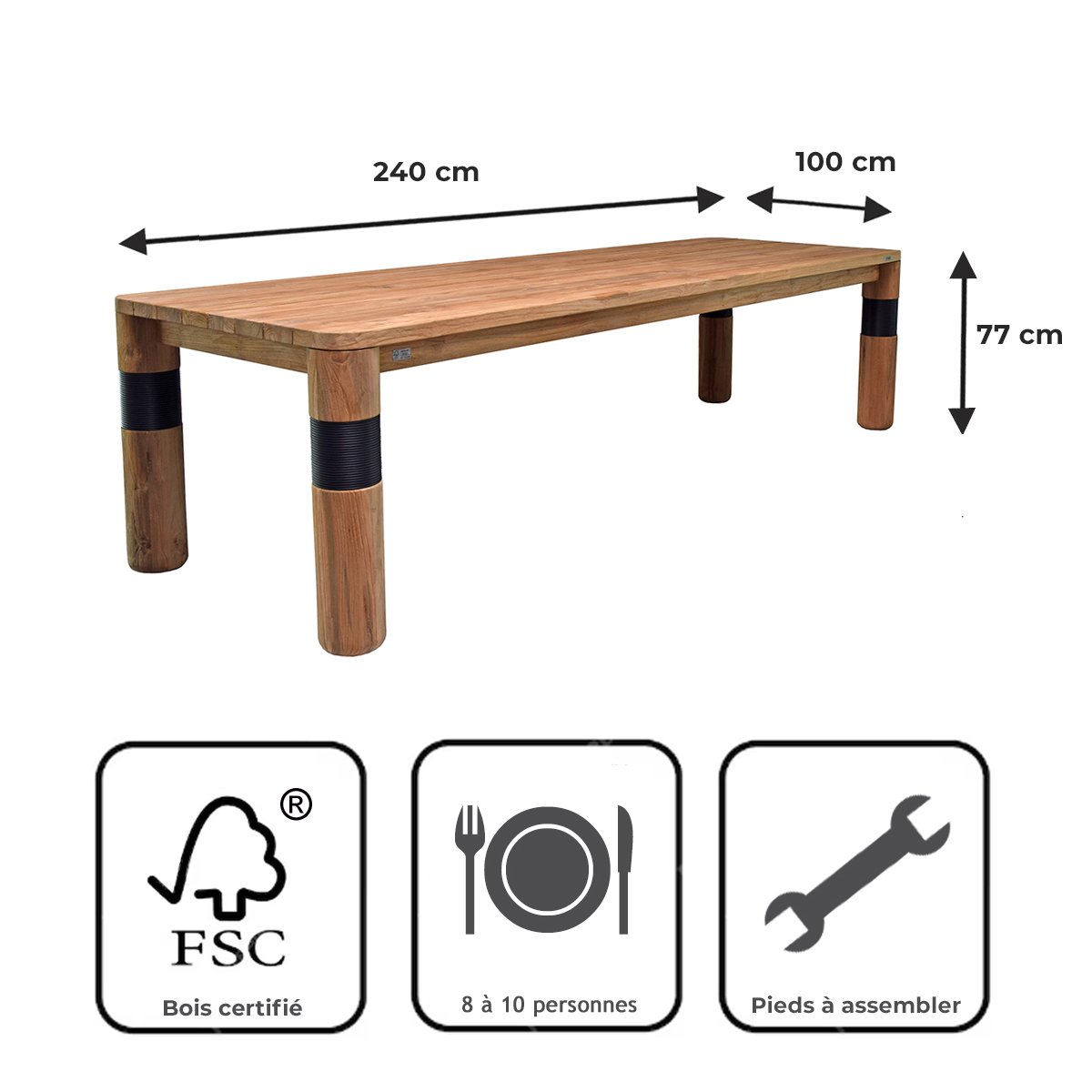 Table en teck recyclé 240 cm - GALACTUS naturel, GECKO JARDIN