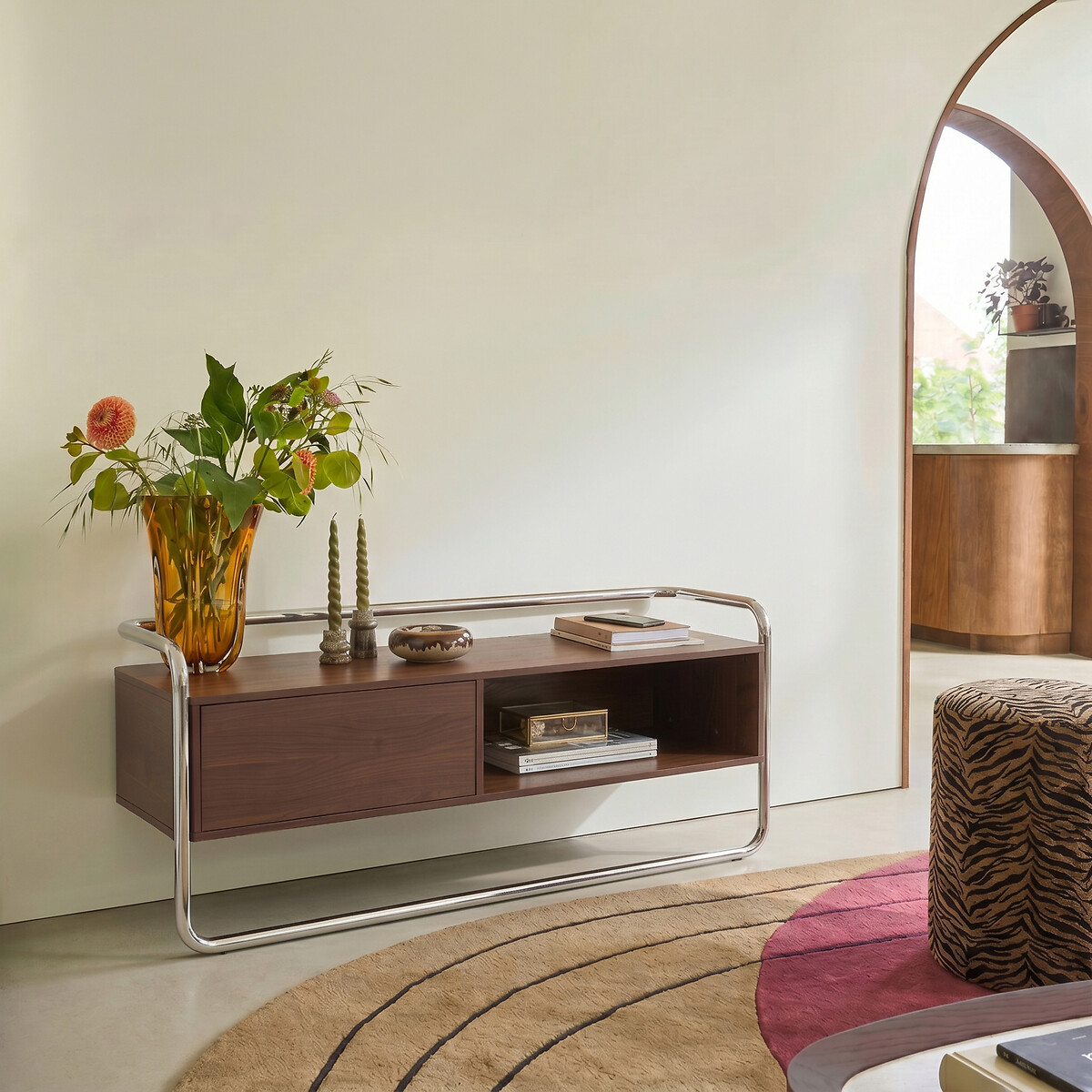 Meuble TV caisson 1 porte, largeur 120 cm, GIORGIO coloris noyer/chrome, LA REDOUTE INTERIEURS