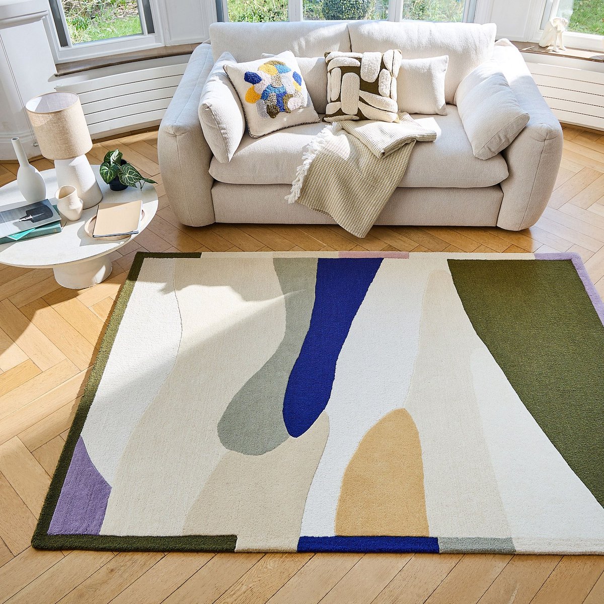 Tapis de salon laine AUBIN kaki, bleu roi, beige, multicolore, HABITAT