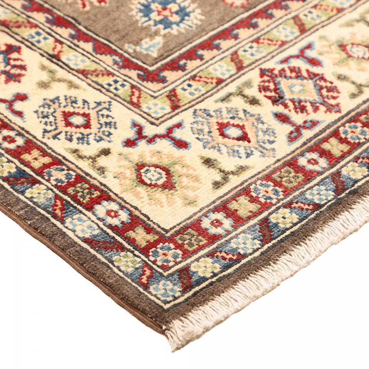 Tapis salon géométrique, noué main en laine, KAZAK CO 61 marron, beige, rouge, UN AMOUR DE TAPIS