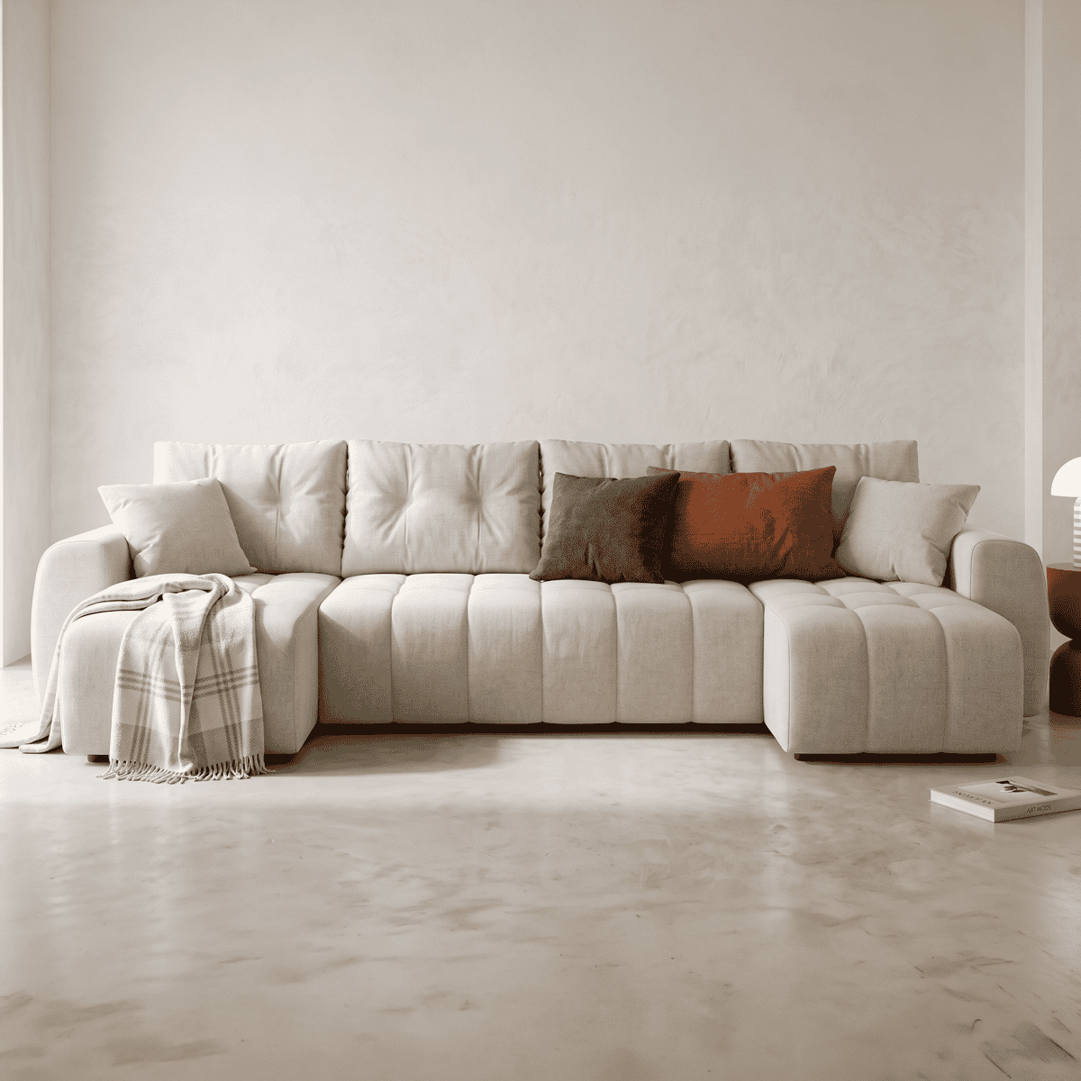 Canapé panoramique convertible 6 places en tissu chenille - ALBA beige, HOMIFAB