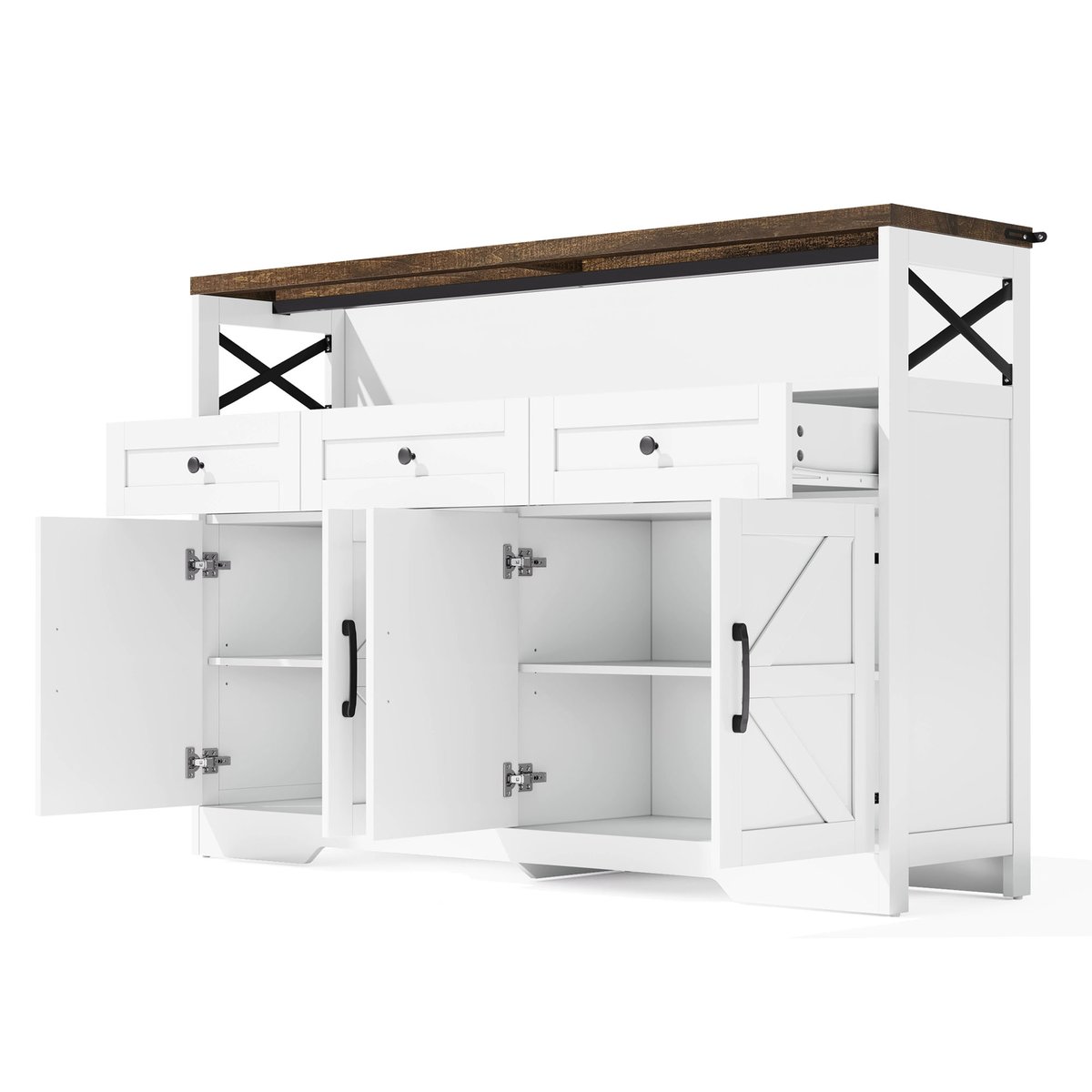 Armoire de rangement avec 4 portes 3 tiroirs et 3 couches, ALBINA Armoire blanc et noyer, MEUBLES COSY