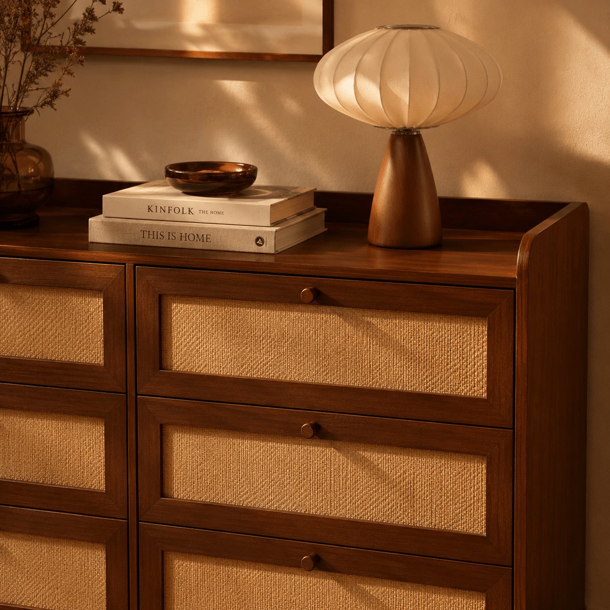 Commode 6 tiroirs en cannage LEON noyer, SORELH