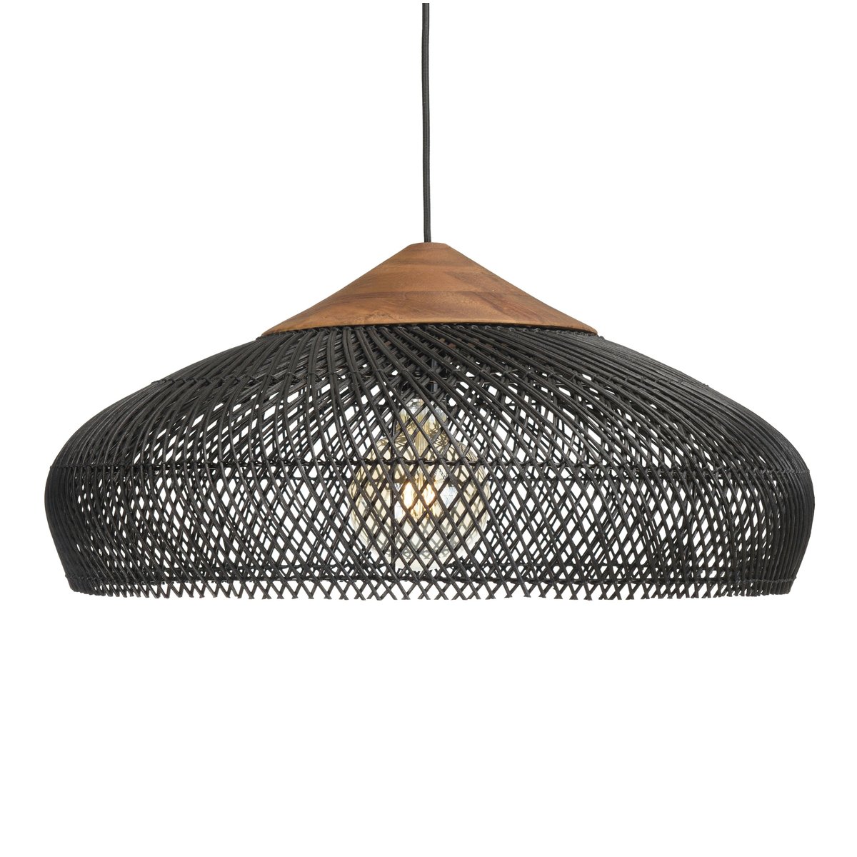 Suspension ronde 65cm en rotin et teck FOLELLI noir, PIER IMPORT