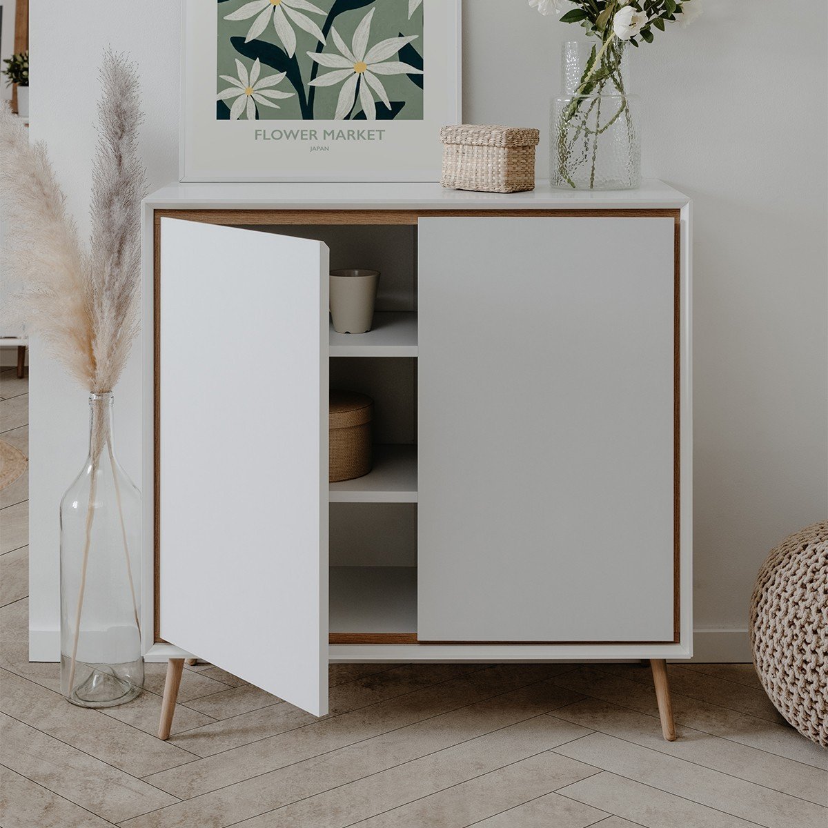 Buffet 2 Portes L90 cm - ARONA chêne artisan / blanc, CALICOSY