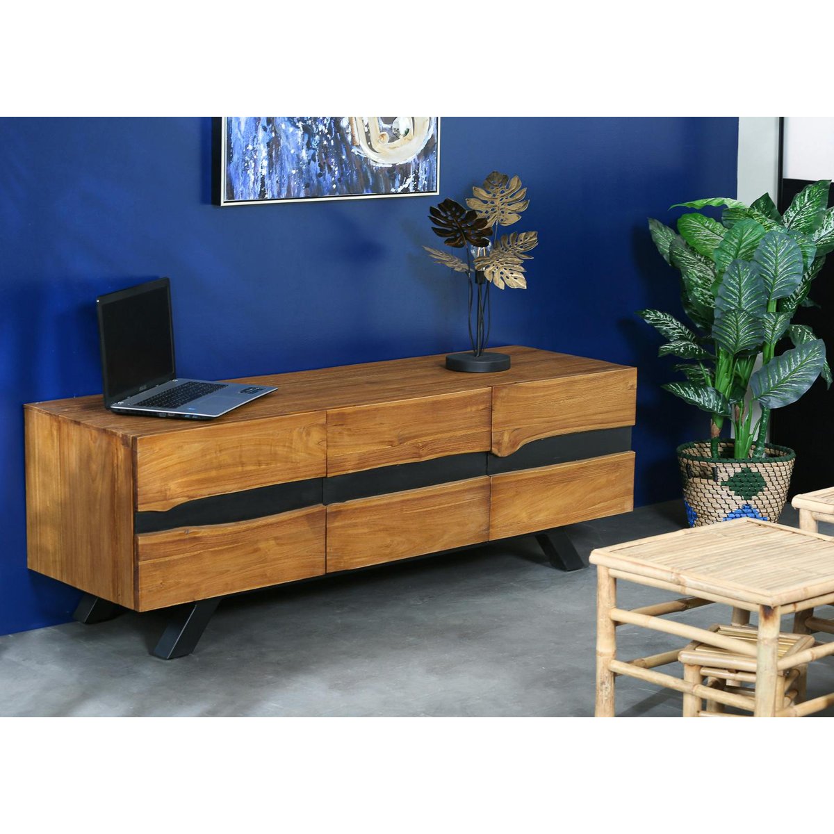 Meuble TV contemporain bois recyclé de teck et bandeau noir laqué 3 portes style moderne 160 cm BARBADE bois naturel, PIER IMPORT
