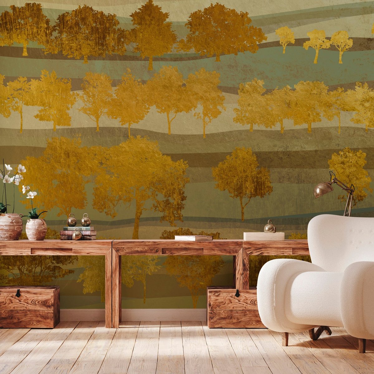 Papier peint panoramique « Vallons Dorés » - non tissé 384 x 270 cm verts-de-gris, bruns, doré, LE PAPIERS DE NINON