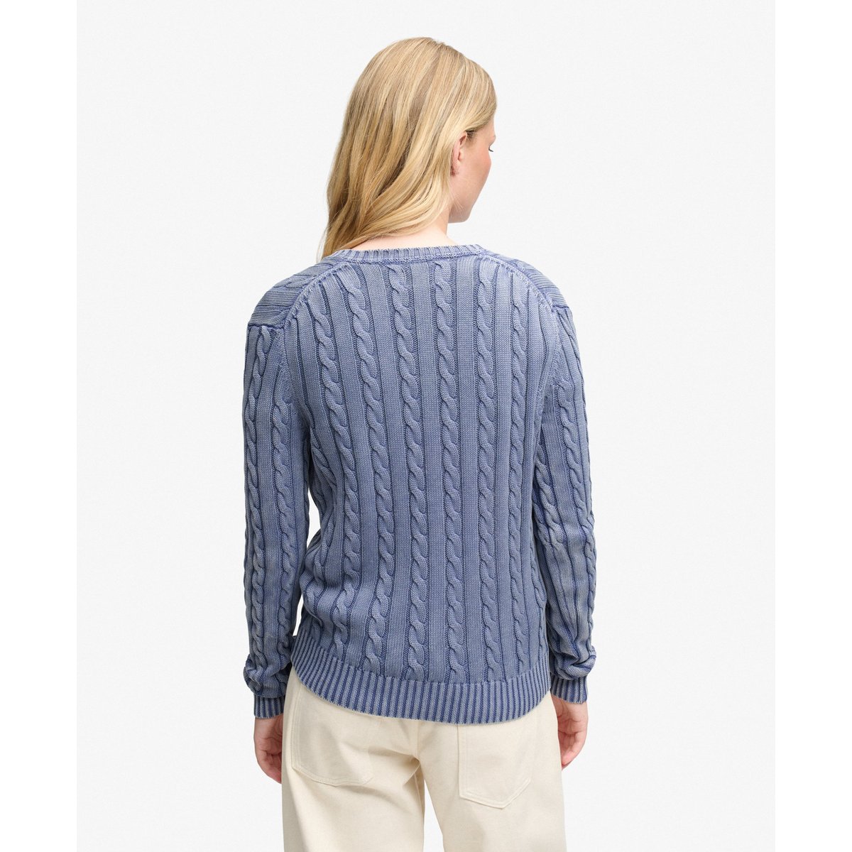 Pull Cable Washed V Neck Coupe Ajustée bleu marine matelot, SUPERDRY
