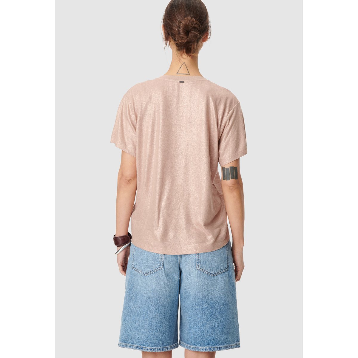 Tee-shirt col V en lin foil rose pâle, IKKS