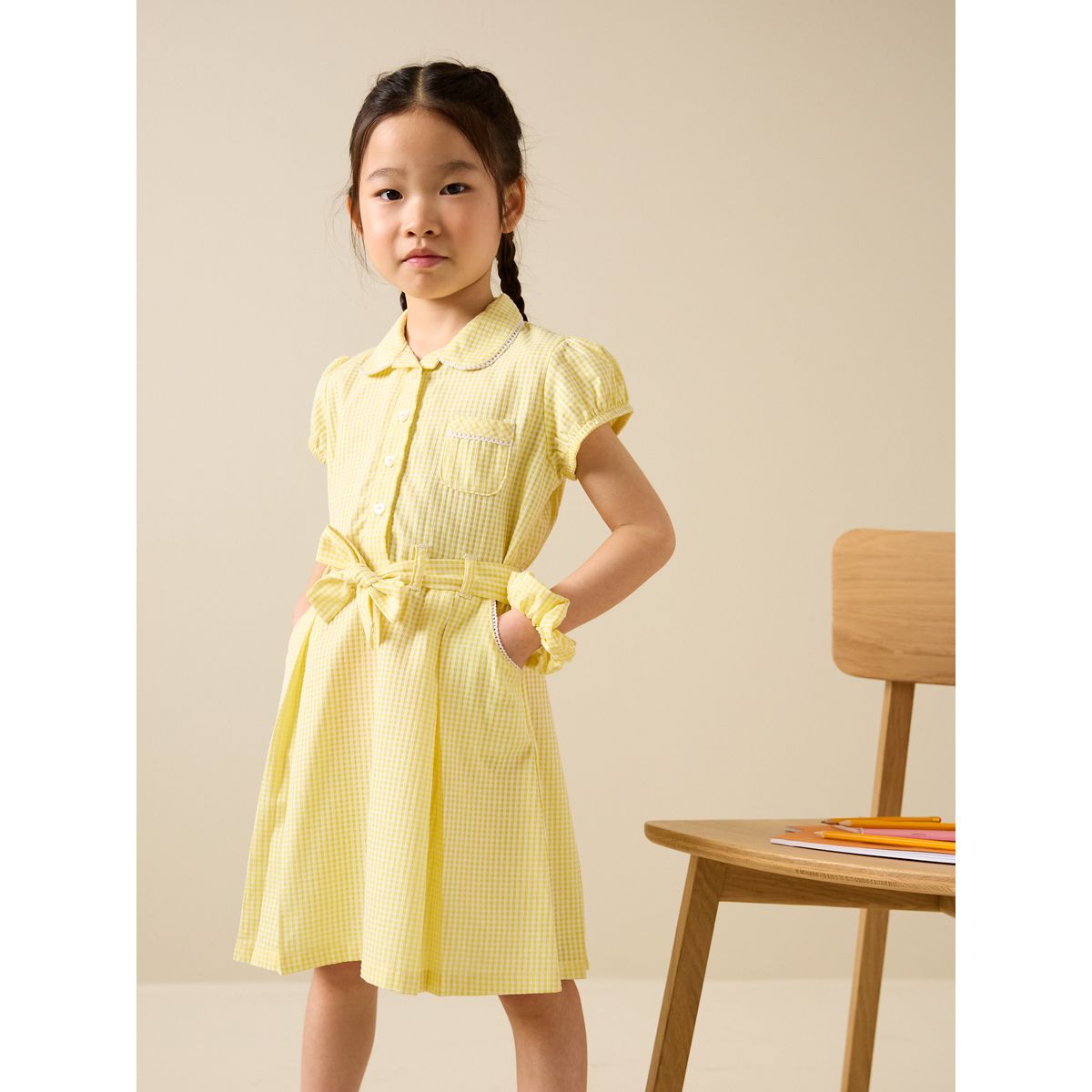Robe en coton avec ceinture et chouchou jaune, NEXT