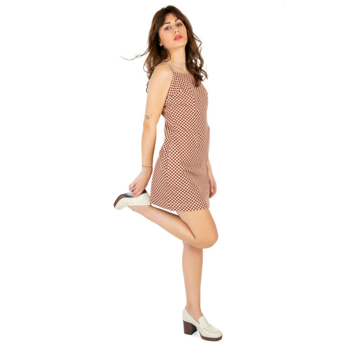 Robe courte rouge carreaux coupe ajustée col rond et à manches à bretelles rouge, LEVI'S