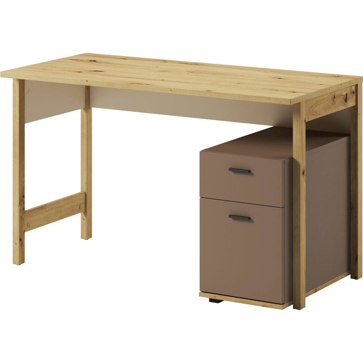 Bureau ado avec caisson intégré LENNY chêne artisan, beige et truffe, RECOLLECTION
