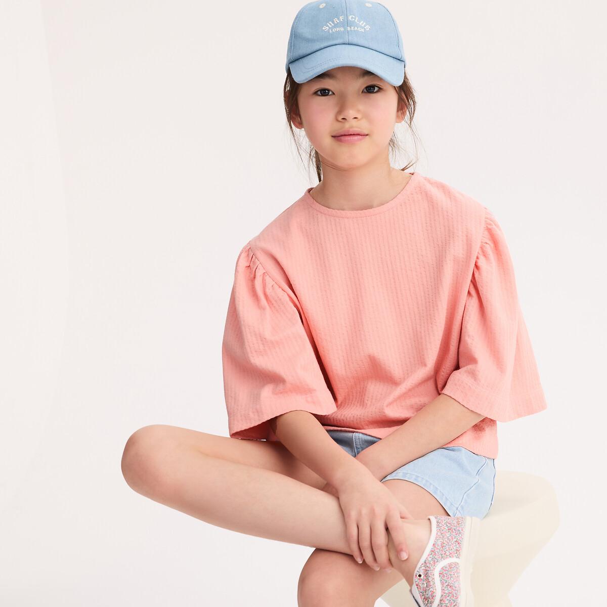 T-shirt met ronde hals met blouseeffect, vlindermouwen roze, LA REDOUTE COLLECTIONS