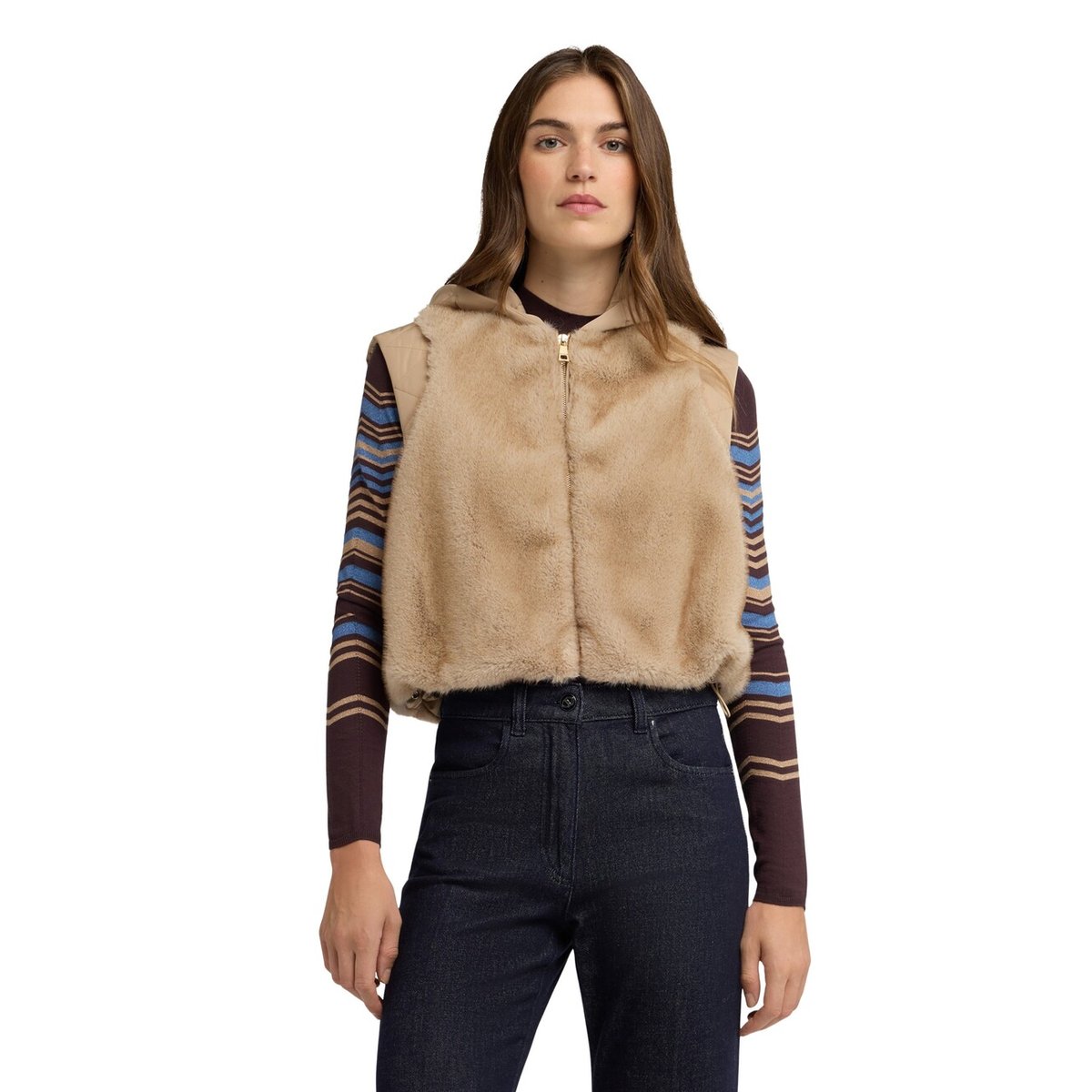 Gilet avec capuche et empiècements matelassés beige, MOTIVI