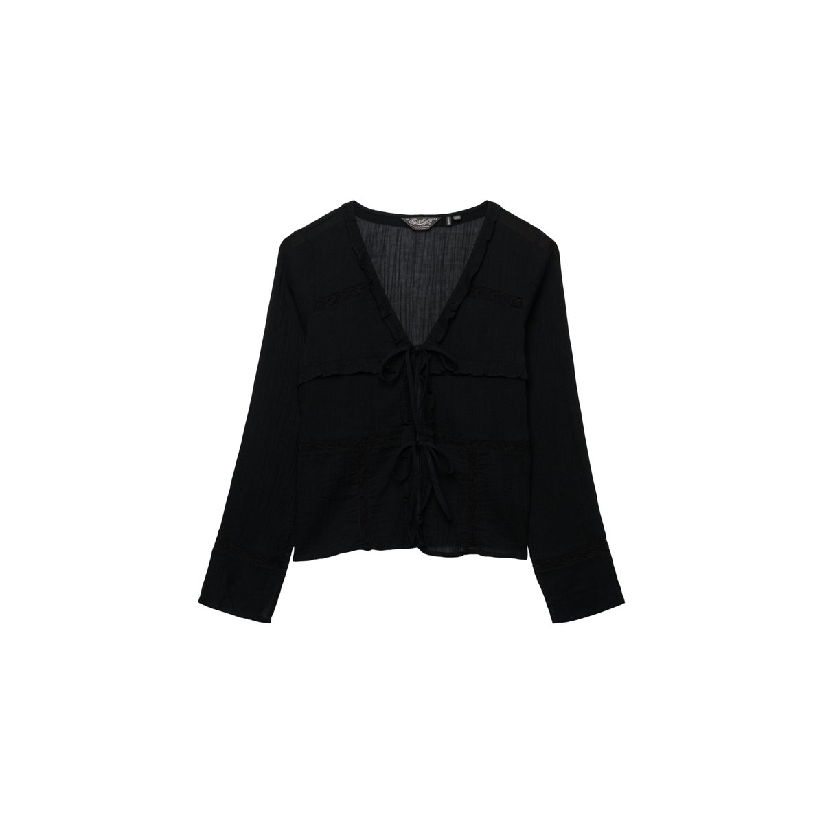 Top à lacets et dentelle à manches longues noir, SUPERDRY
