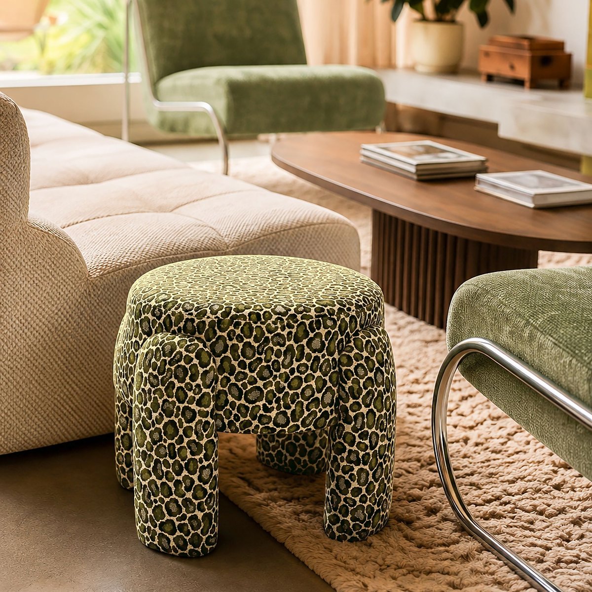 Pouf en polyester léopard, ORION couleur unique, NOW'S HOME