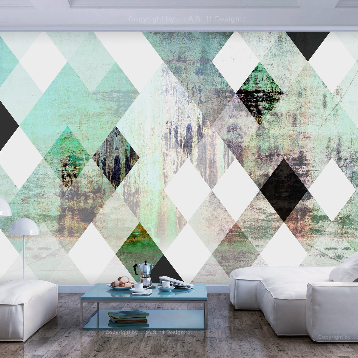Papier peint intissé panoramique Rhombic Chessboard (Green) blanc, EDEN