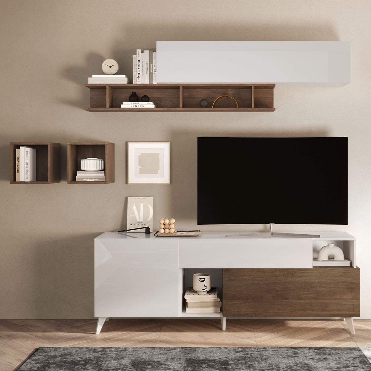 Meuble TV 2 portes, 1 tiroir et 2 niches L180 cm - MALA blanc laqué / bois foncé, CALICOSY