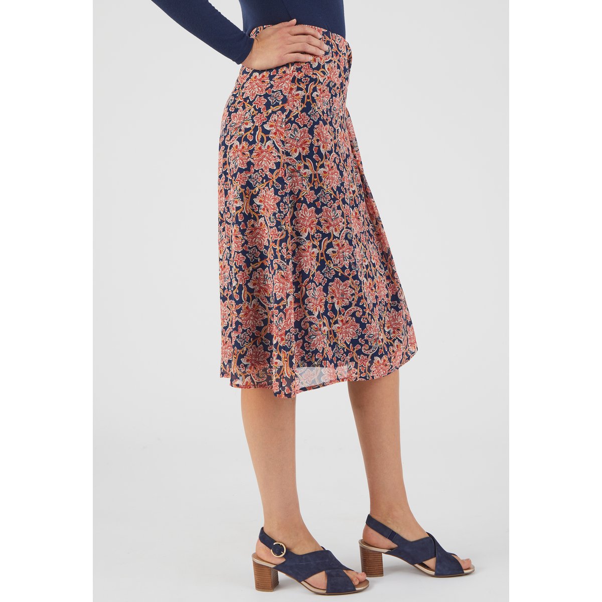 Jupe voile taille effet drapé bleu marine fleuri, DAMART