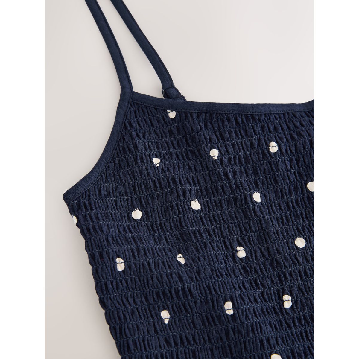 Robe longue froncée à bretelles bleu marine à pois, NEXT