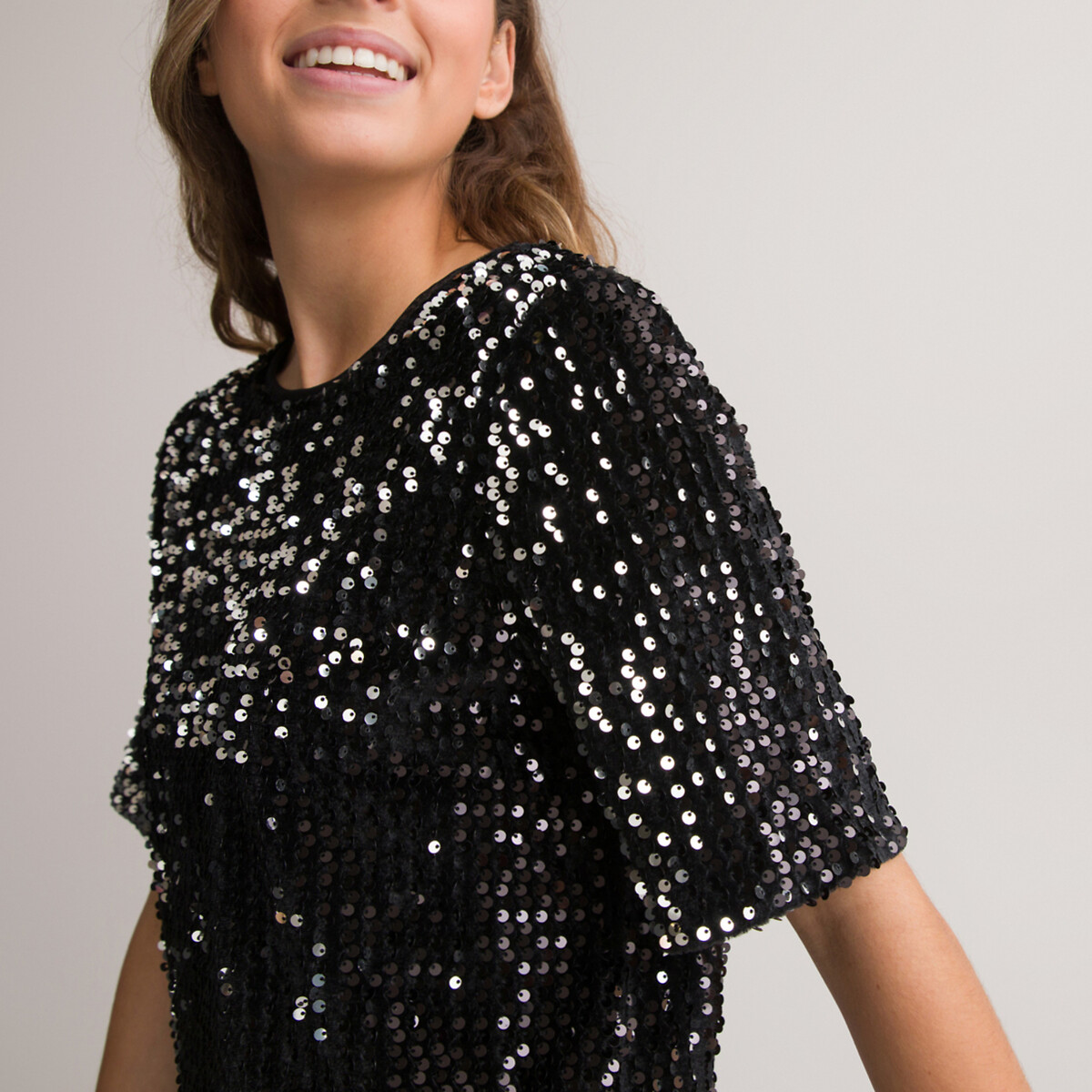 Recycled Sequin Shift Dress with Short Sleeves black, LA REDOUTE COLLECTIONS