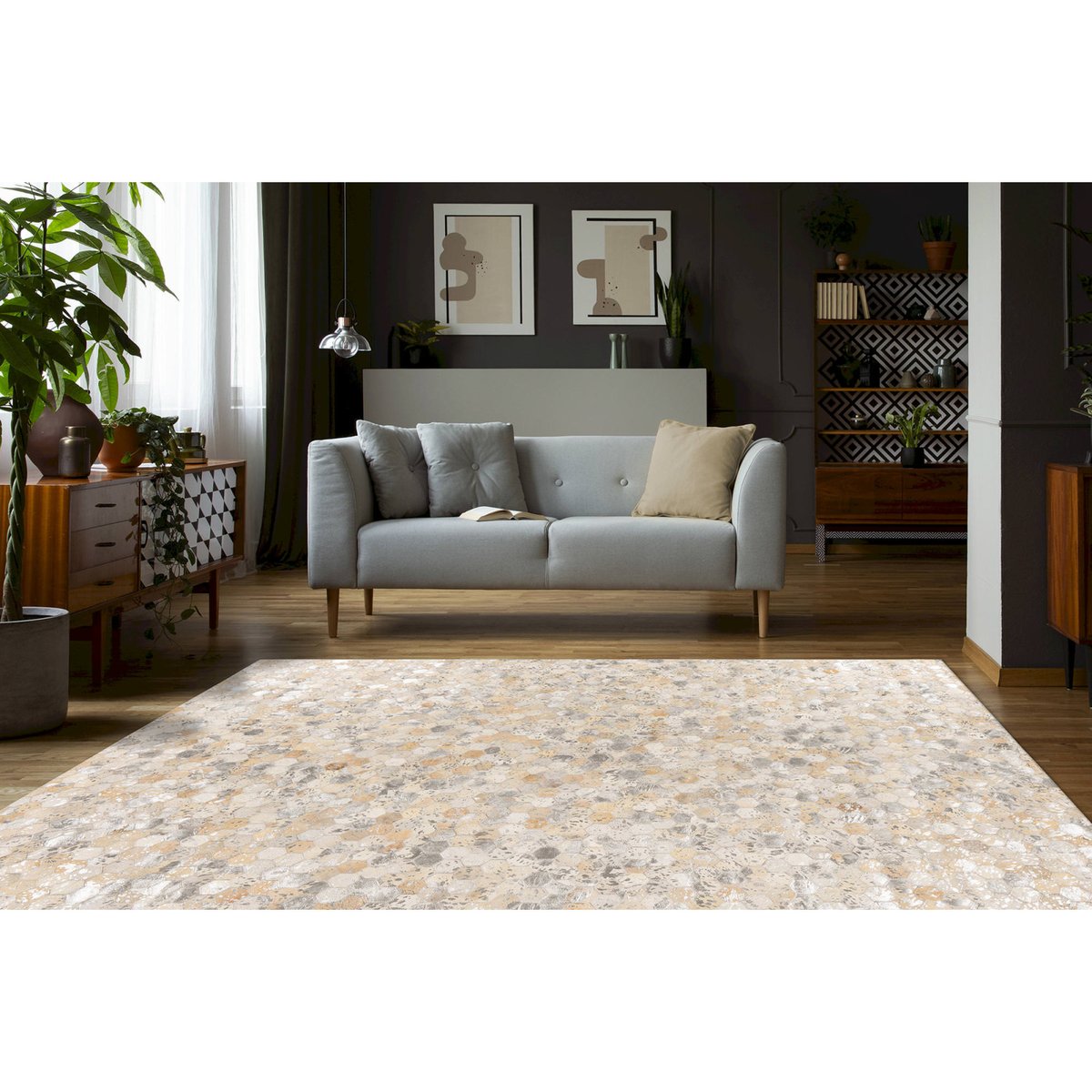 Tapis en cuir patchwork, Fait main beige sable et gris argenté, ARTE ESPINA