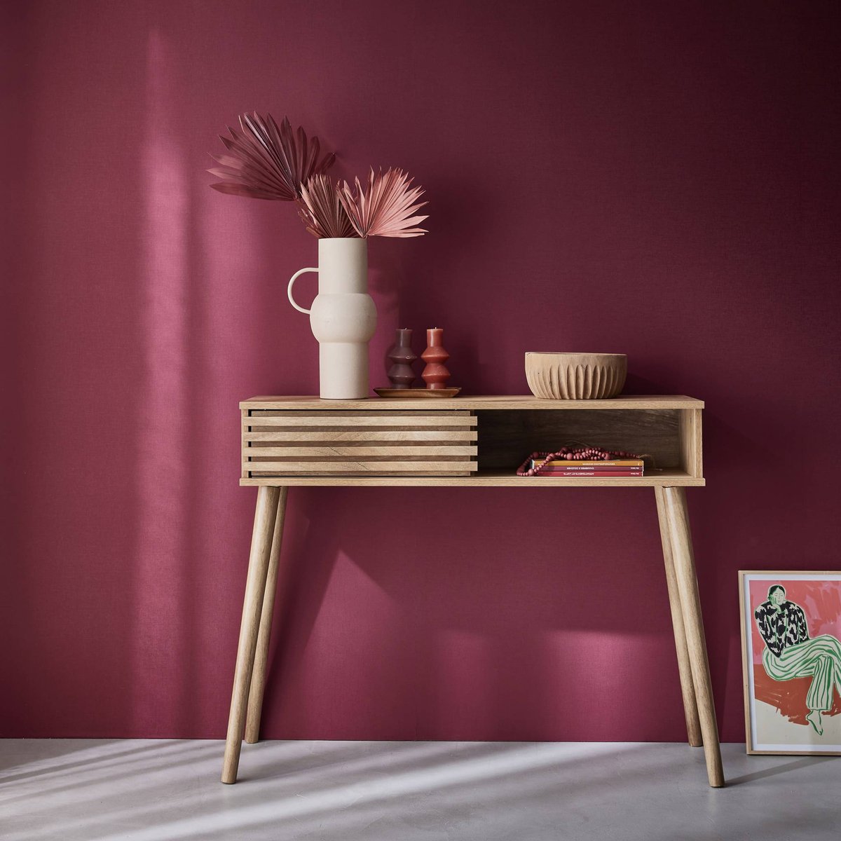 Console scandinave décor bois avec porte coulissante rainurée MADERE naturel, SWEEEK