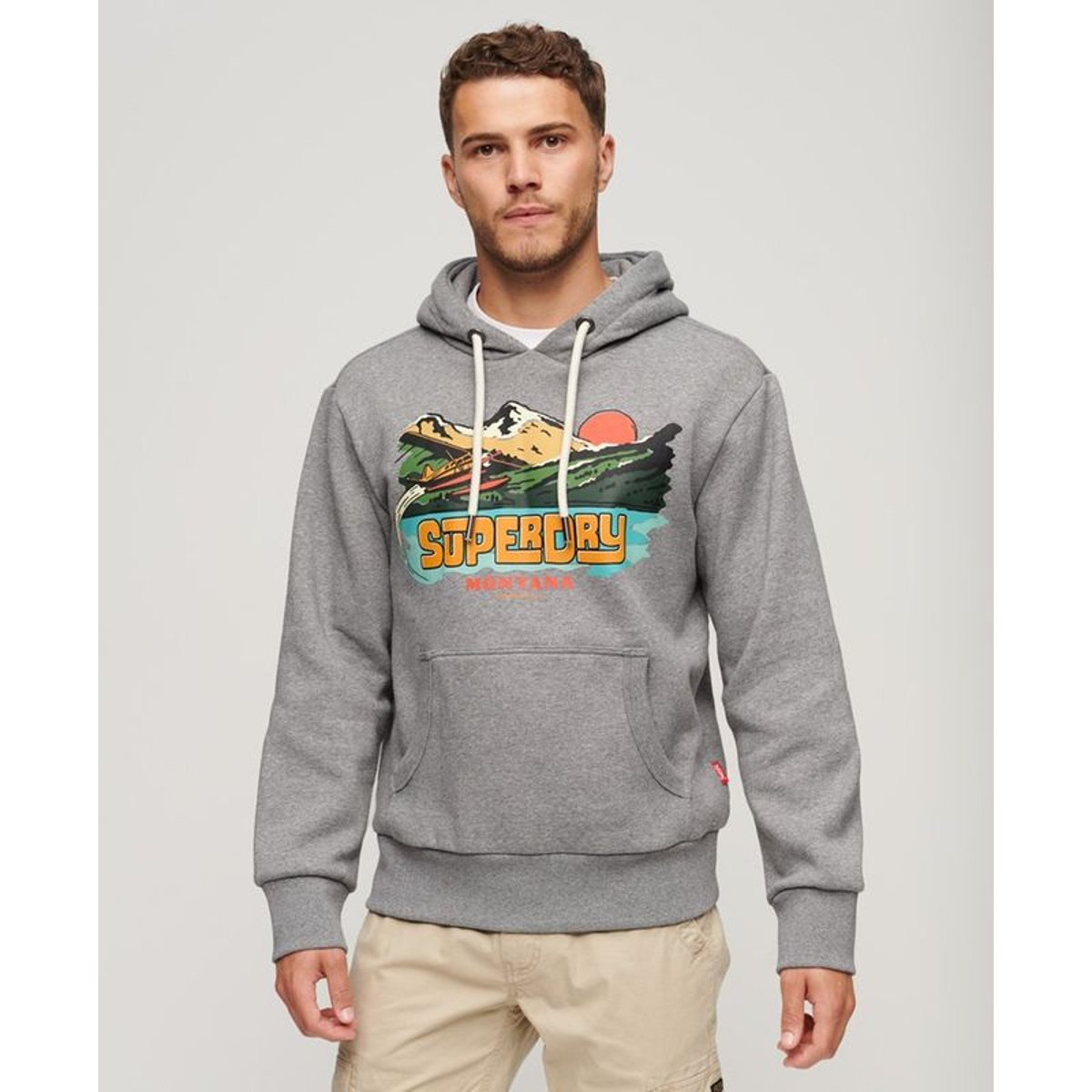 Sweat à capuche et motif Travel Postcard gris foncé moucheté chiné, SUPERDRY