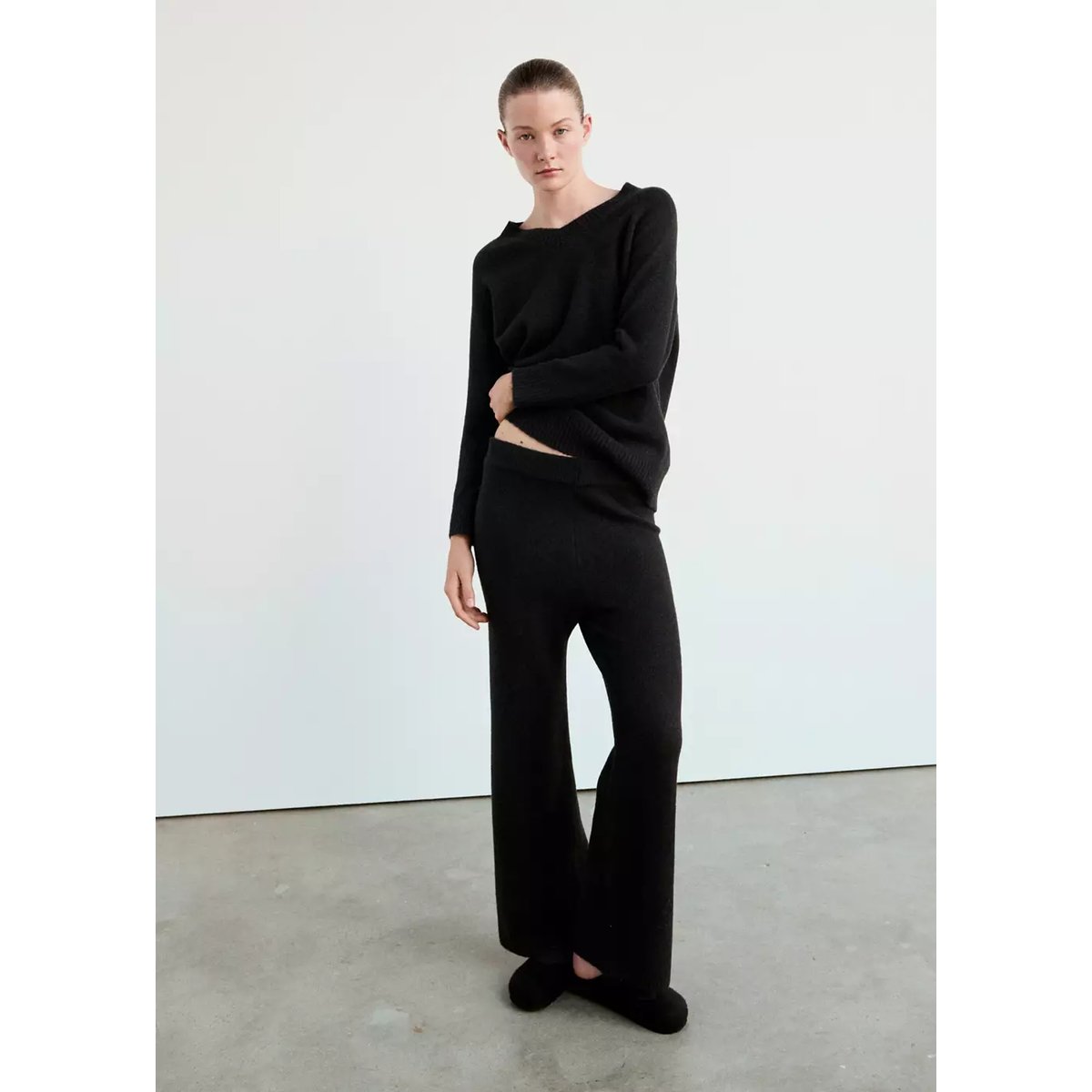 Pantalon de pyjama en maille à jambes larges noir, MANGO