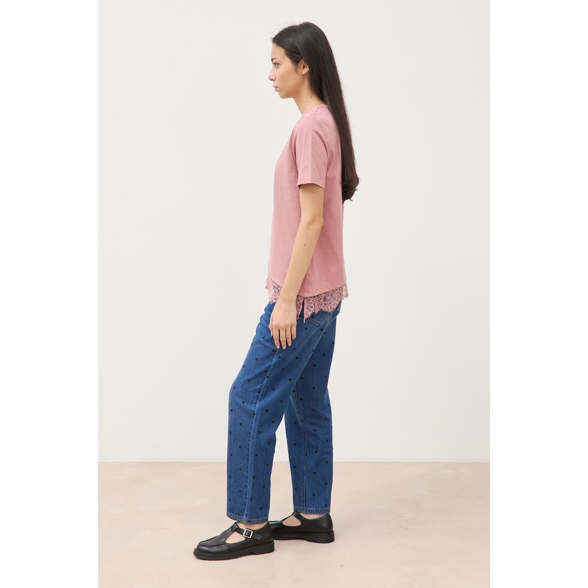 T-shirt droit col rond avec dentelle vieux rose, BONOBO